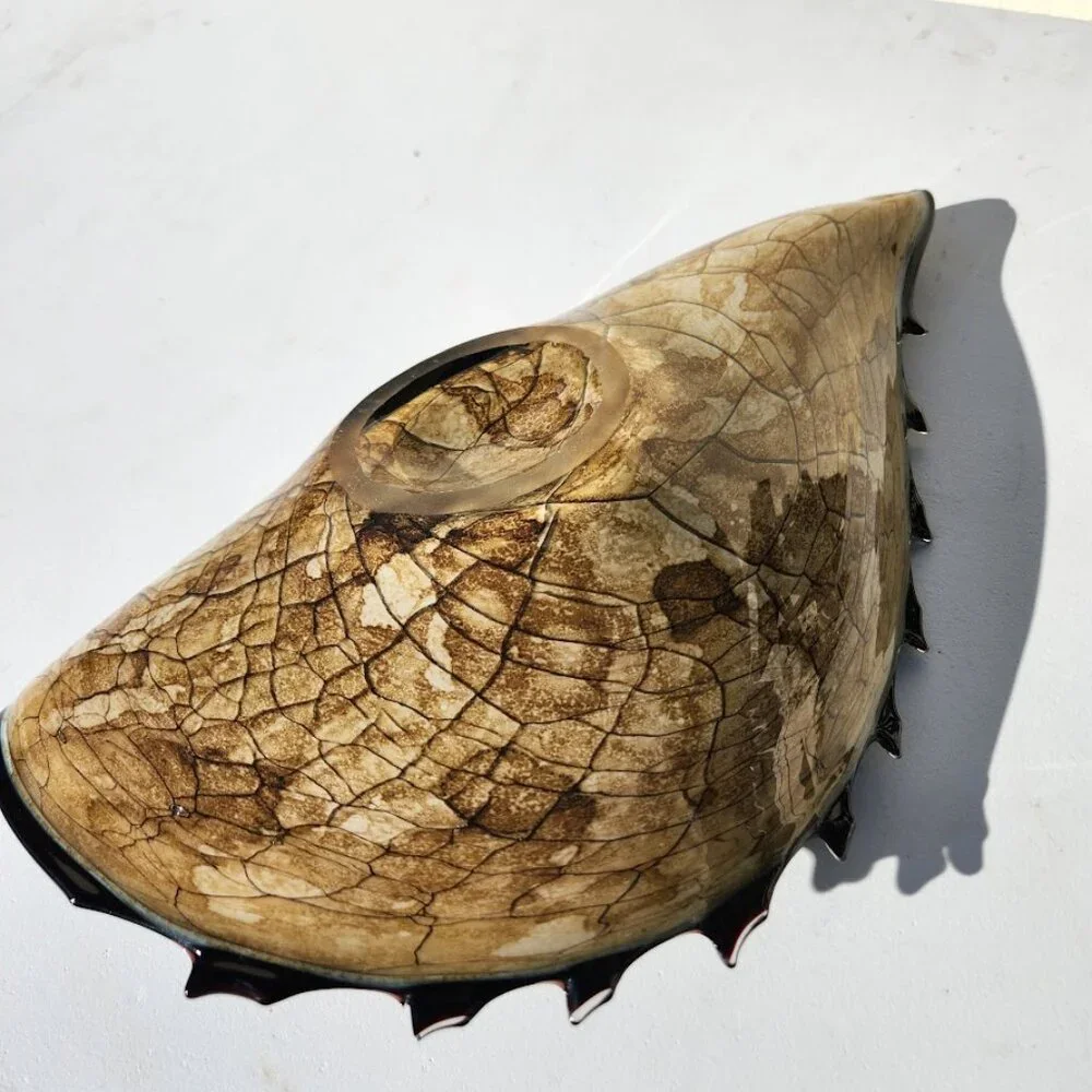 Hand Blown Murano Style Art Glass Folded Bowl Conch Shell Handmade Poland Approx
